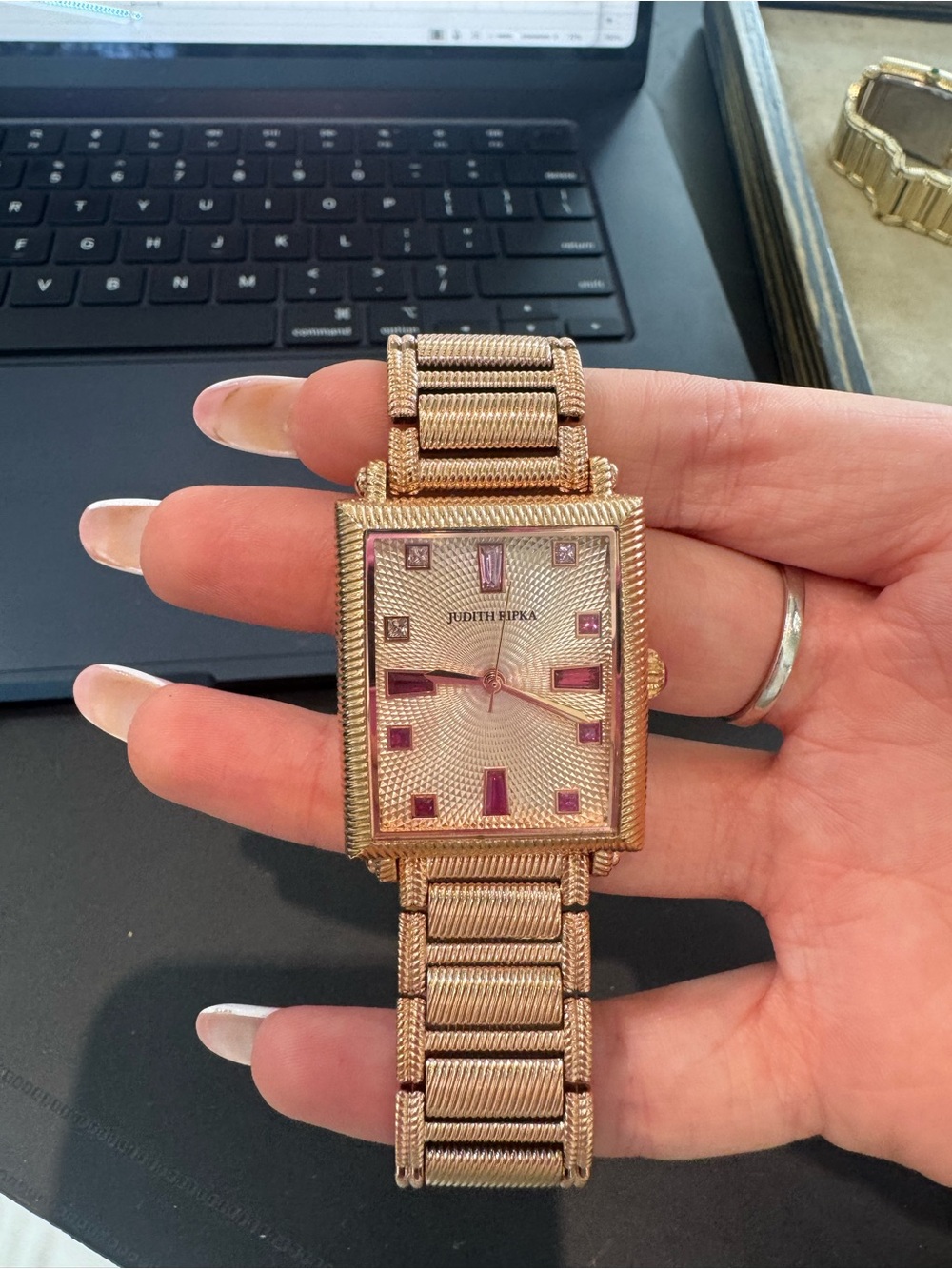 Judith Ripka Rose Gold-Tone Rectangular Classic Bracelet Watch with Stone Accent